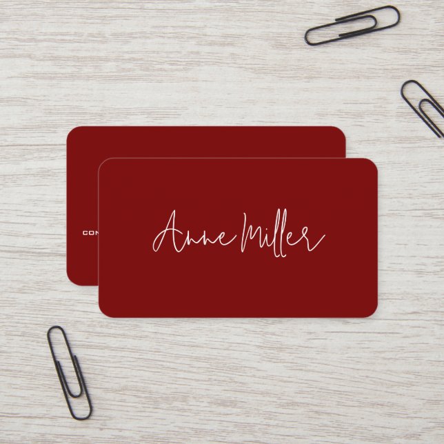 Elegant White Calligraphy Name on Dark-Red  Business Card (Front/Back In Situ)