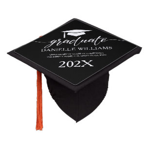Elegant White Calligraphy On Black Graduation Cap Topper