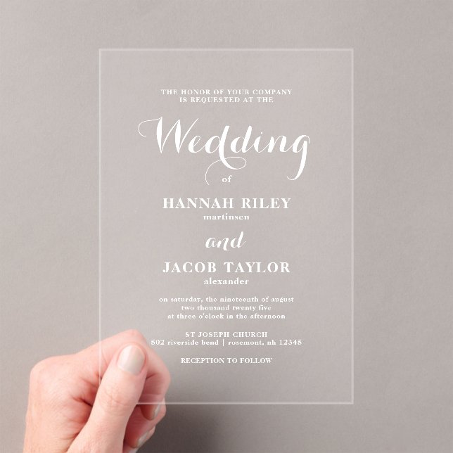 Elegant White Calligraphy Simple Wedding Acrylic Invitations (Insitu (Handheld))