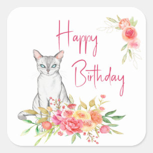 Elegant White Cat and Garden Bouquet  Square Sticker
