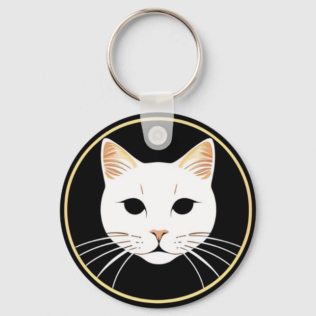 Elegant White Cat Illustration Keychain (Front)