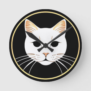 Elegant White Cat Illustration Round Clock