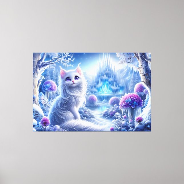 Elegant White Cat in a Snowy Magical Realm Canvas Print (Front)