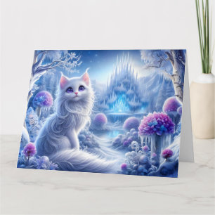 Elegant White Cat in a Snowy Magical Realm Card