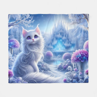 Elegant White Cat in a Snowy Magical Realm Fleece Blanket