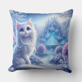 Elegant White Cat in a Snowy Magical Realm Throw Pillow