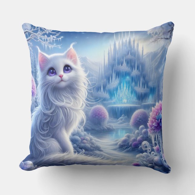 Elegant White Cat in a Snowy Magical Realm Throw Pillow (Front)