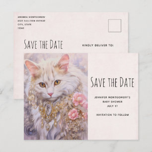 Elegant White Cat in Diamond Jewels Save the Date Invitation Postcard