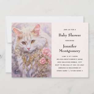 Elegant White Cat in Gold and Diamond Baby Shower Invitation