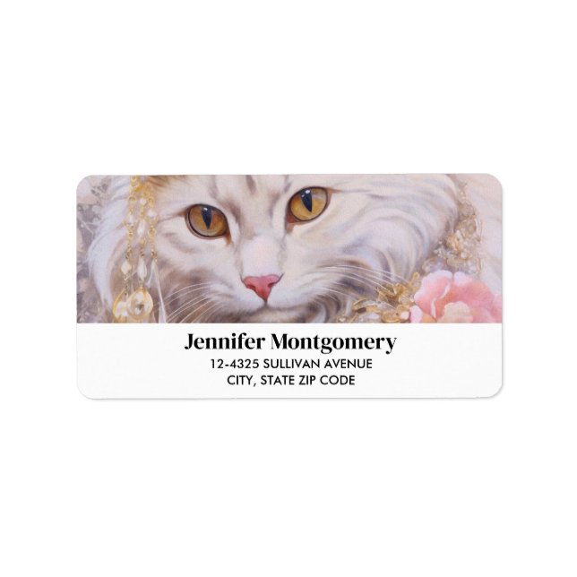 Elegant White Cat in Gold and Diamonds Label (Front)