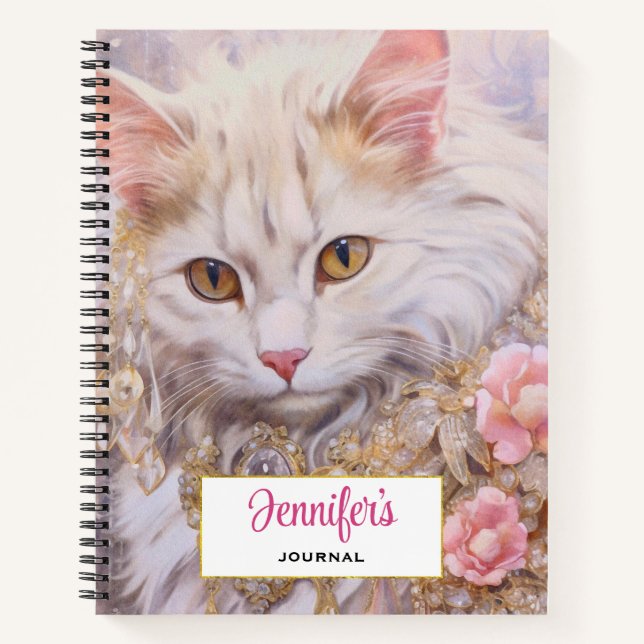 Elegant White Cat in Gold and Diamonds Notebook (Front)