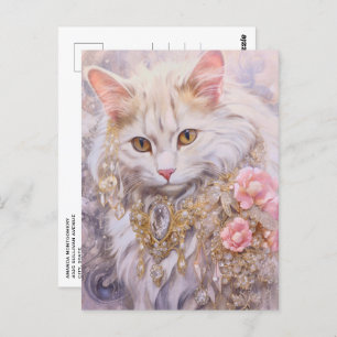 Elegant White Cat in Gold and Diamonds Postcard