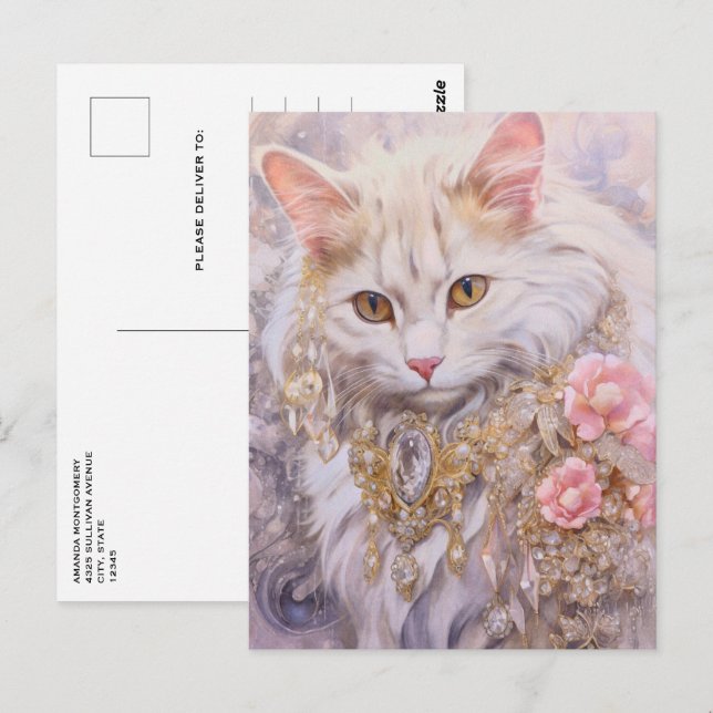 Elegant White Cat in Gold and Diamonds Postcard (Front/Back)