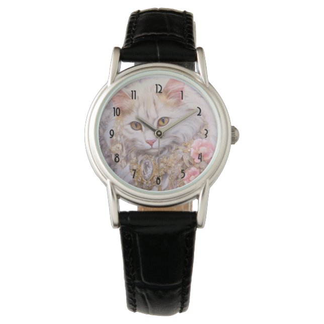 Elegant White Cat in Gold and Diamonds Watch (Front)