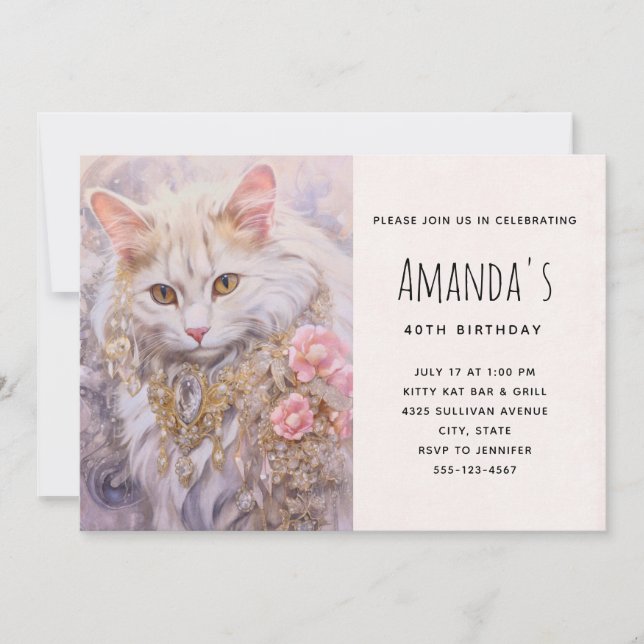 Elegant White Cat in Jewels Invitation (Front)