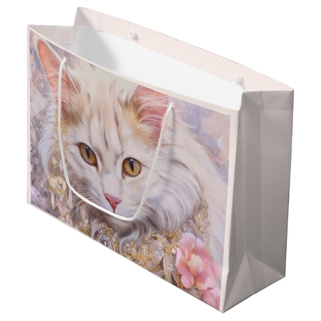 Elegant White Cat in Luxury Jewels Large Gift Bag (Front Angled)