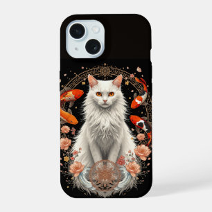 Elegant White Cat with Koi Fish & Lotus Flowers iPhone 15 Case