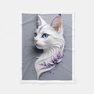Elegant White Cat with Purple Flowers Fleece Blank Blanket