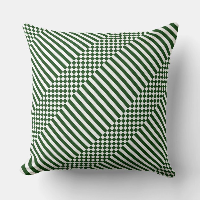 Elegant White Chequered & Stripes Green Throw Pillow (Front)