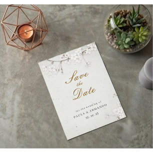 Elegant White Cherry Blossom & Gold Script Save The Date