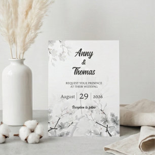 Elegant White Cherry Blossom & Silver Wedding Invitation