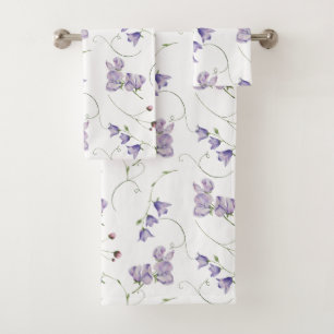 Elegant White Chic Purple Floral Bath Towel Set