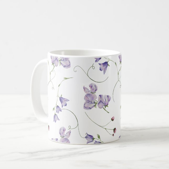 Elegant White Chic Purple Floral Coffee Mug (Front Left)