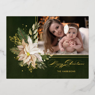 Elegant White Christmas Flowers Calligraphy Photo  Foil Holiday Postcard
