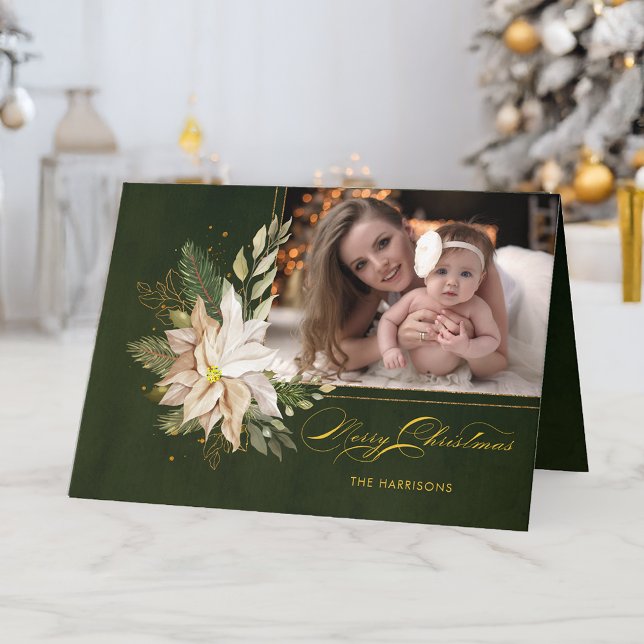 Elegant White Christmas Flowers Calligraphy Photo  Holiday Card (Creator Uploaded)