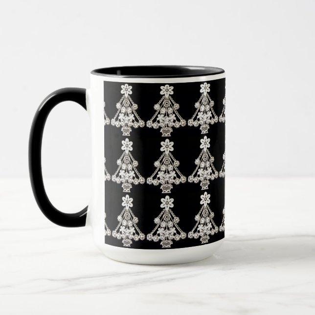 Elegant White Christmas Ornament Over Black Mug (Left)