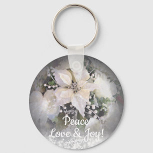 Elegant White Christmas Poinsettia Keychain