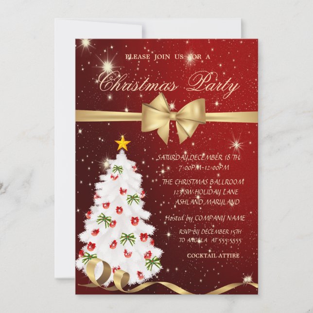 Elegant White Christmas Tree,Bow,Red,Christmas  Invitation (Front)