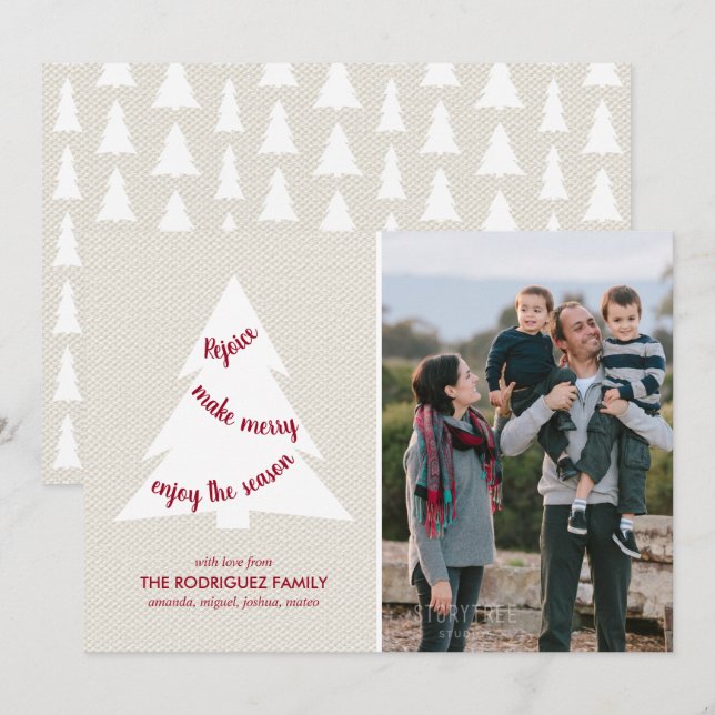 Elegant White Christmas Tree on Beige Custom Photo Holiday Card (Front/Back)