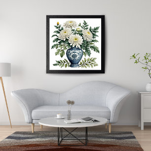 Elegant White Chrysanthemums in a Blue and White V Photo Print