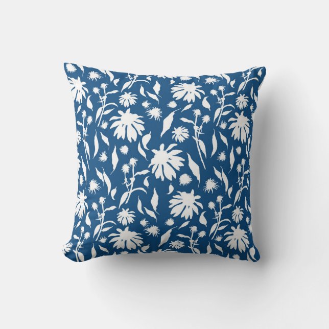 Elegant White Classic Blue Echinacea Cone Flowers Throw Pillow (Front)