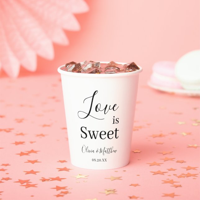 Elegant White Classic Love is Sweet Wedding Paper Cups (Insitu)