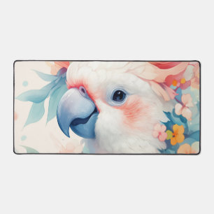 Elegant White Cockatoo Peach Crest Aqua Tropical Desk Mat