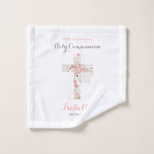 Elegant white communion floral cross   wash cloth