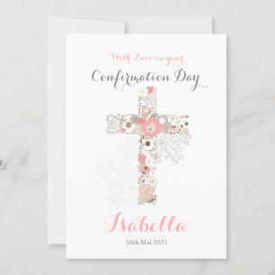 Elegant white confirmation floral cross name card