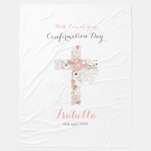 Elegant white confirmation floral cross name fleece blanket