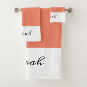 Elegant White & Coral Calligraphy Name Bath Bath Towel Set