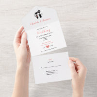Elegant White Coral Lucky Black Cat Couple Wedding
