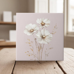 Elegant white cosmos flowers faux gold grass tile