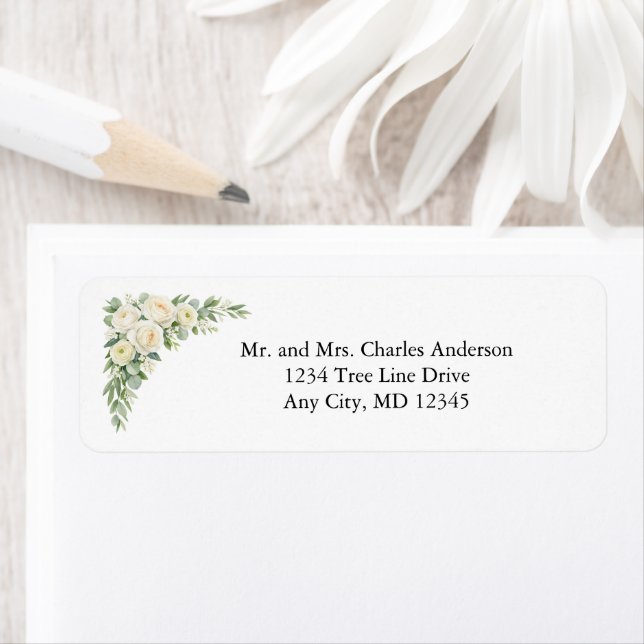 Elegant White Cream Florals Wedding Return Address (Insitu)