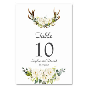 Elegant White Cream Flowers Antlers Wedding Table Number