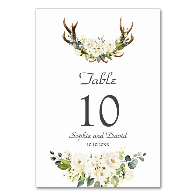 Elegant White Cream Flowers Antlers Wedding Table Number (Front)