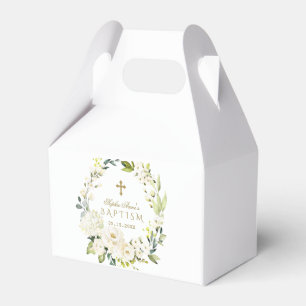 Elegant White Cream Flowers Gold Cross Baptism Favor Box