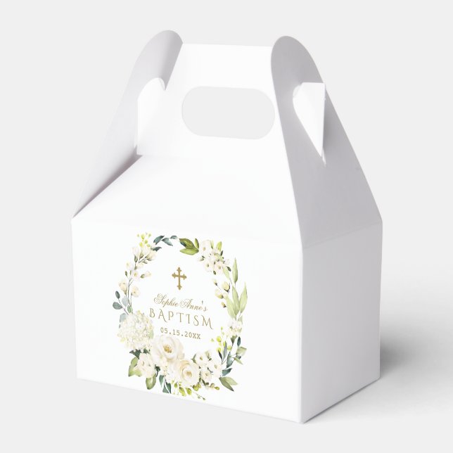Elegant White Cream Flowers Gold Cross Baptism Favor Box (Front Side)