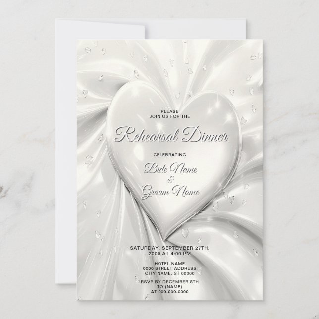 Elegant White Cream Heart Rehearsal Dinner Invitation (Front)