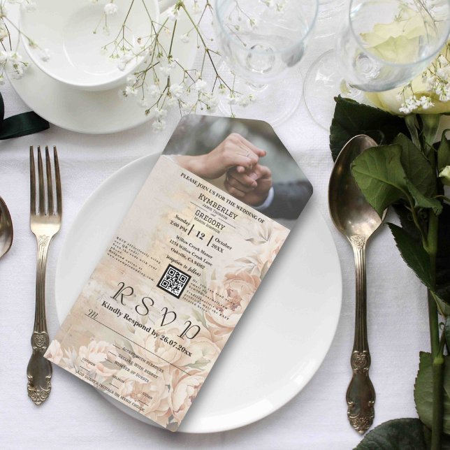 Elegant White Cream Peony Floral QR Code Photo All In One Invitation (Creator Uploaded)